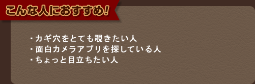 こんな人におすすめ！ カギ穴をとても覗きたい人、面白カメラアプリを探している人、ちょっと目立ちたい人。